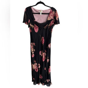 Talbots Vintage Floral Draped Front Flutter Sleeve Lined Maxi Dress Sz 12